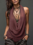 Women's slim-fit knit top with halterneck and V-neck, backless design, casualwear by FitiqueFit, shown in a stylish, fitted silhouette.