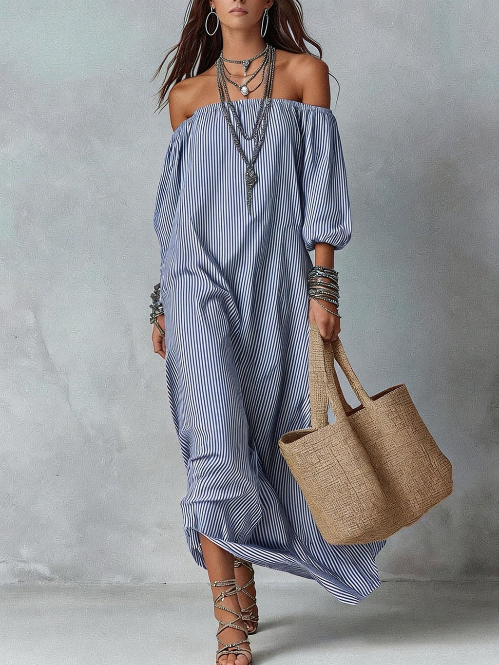 Women's striped loose-fit flared maxi dress by FitiqueFit, featuring a casual, flowing design perfect for holiday and vacation wear.