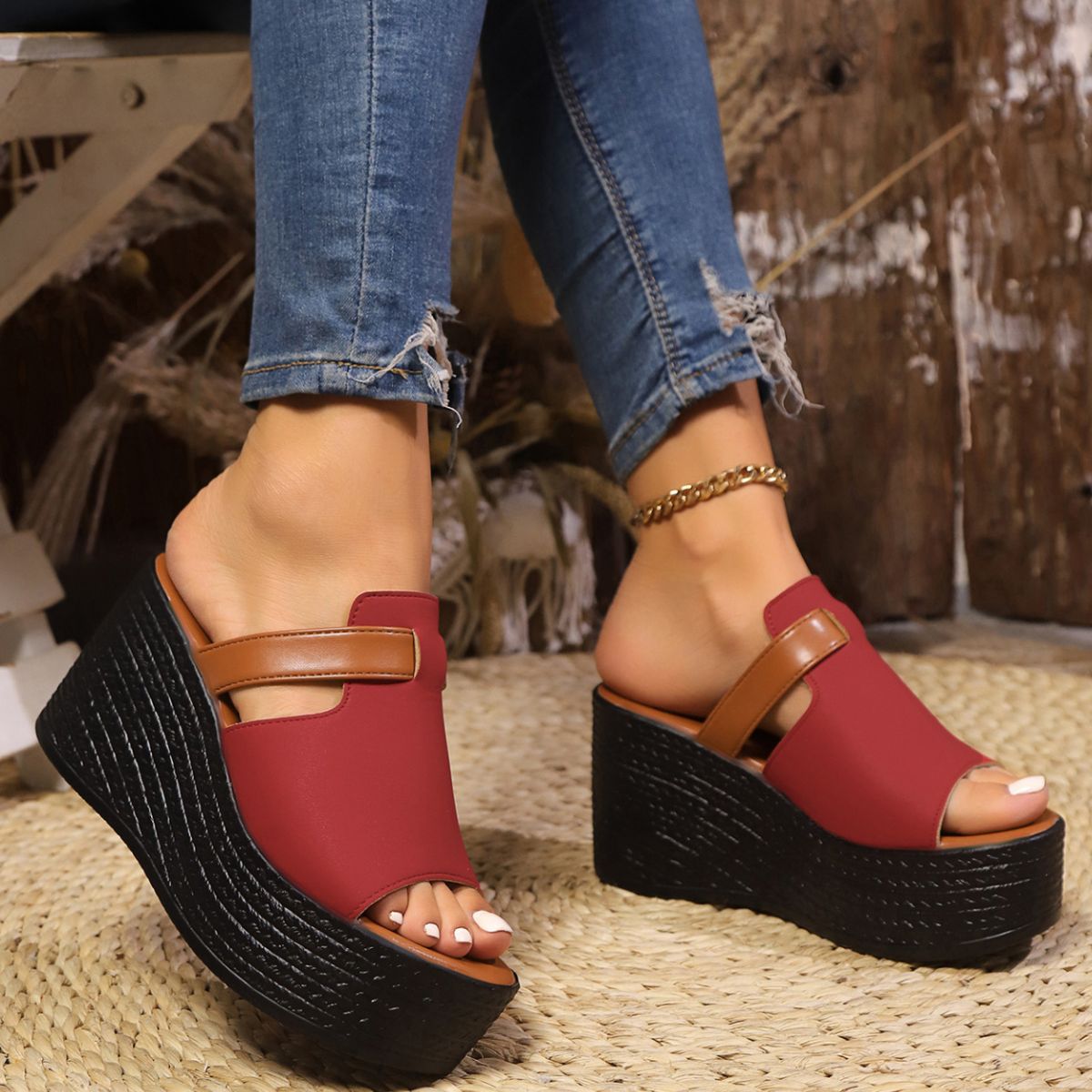Women’s open toe PU leather wedge sandals with high heels from Plush Fashion Hub, featuring stylish design and comfortable fit.