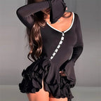 FitiqueFit deep V-neck mini dress with ruffle hem, flared sleeves, and button-front bodycon for casualwear style.
