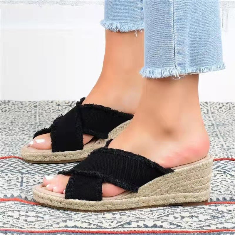 Denim hemp braided lightweight high heel slippers with open toe and chunky heel from Plush Fashion Hub.