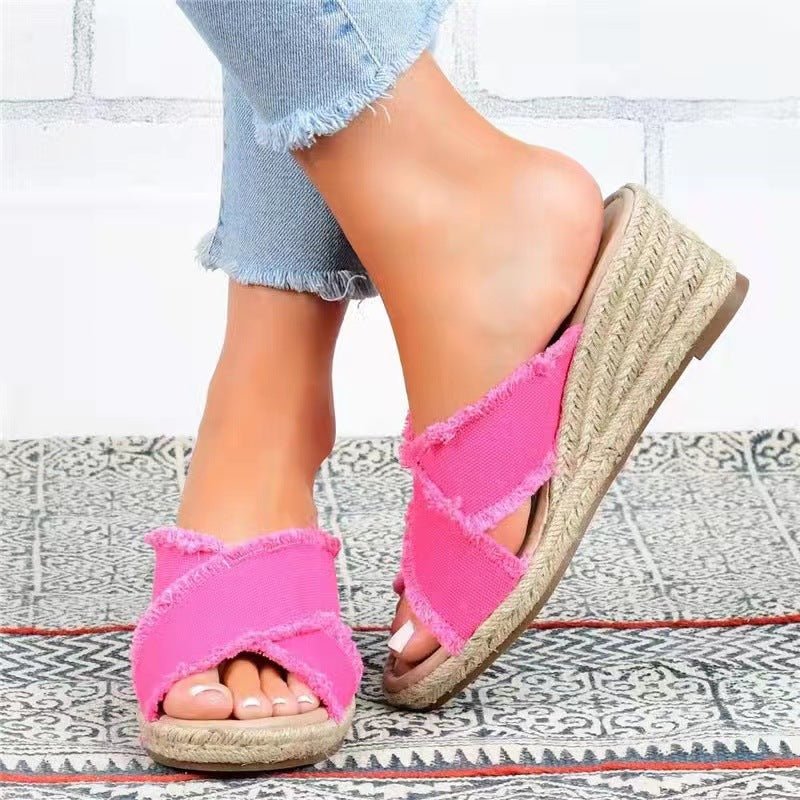 Denim hemp braided high heel slippers with a lightweight design, stylish for casual or dressy occasions.