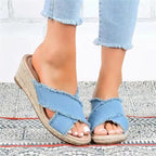 Denim fashion hemp braided lightweight high heel slippers with open toe design and braided detail, stylish and comfortable for women.