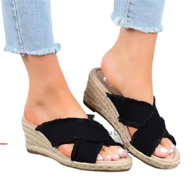 Denim hemp braided lightweight high heel slippers with open toe design and plush fashion details.