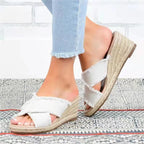 Denim fashion hemp braided lightweight high heel slippers with open toe design and chunky heel for stylish comfort.