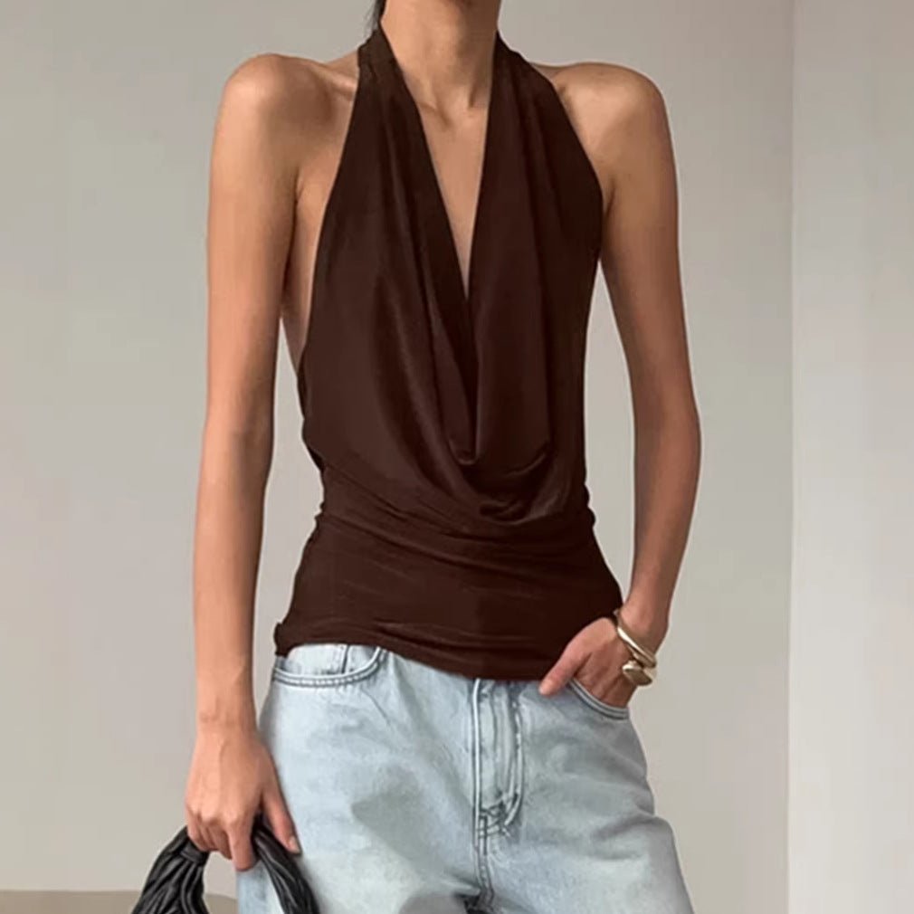 Designer FitiqueFit women's knitted backless boat-neck top for casualwear, showcasing the stylish neckline and soft fabric details.