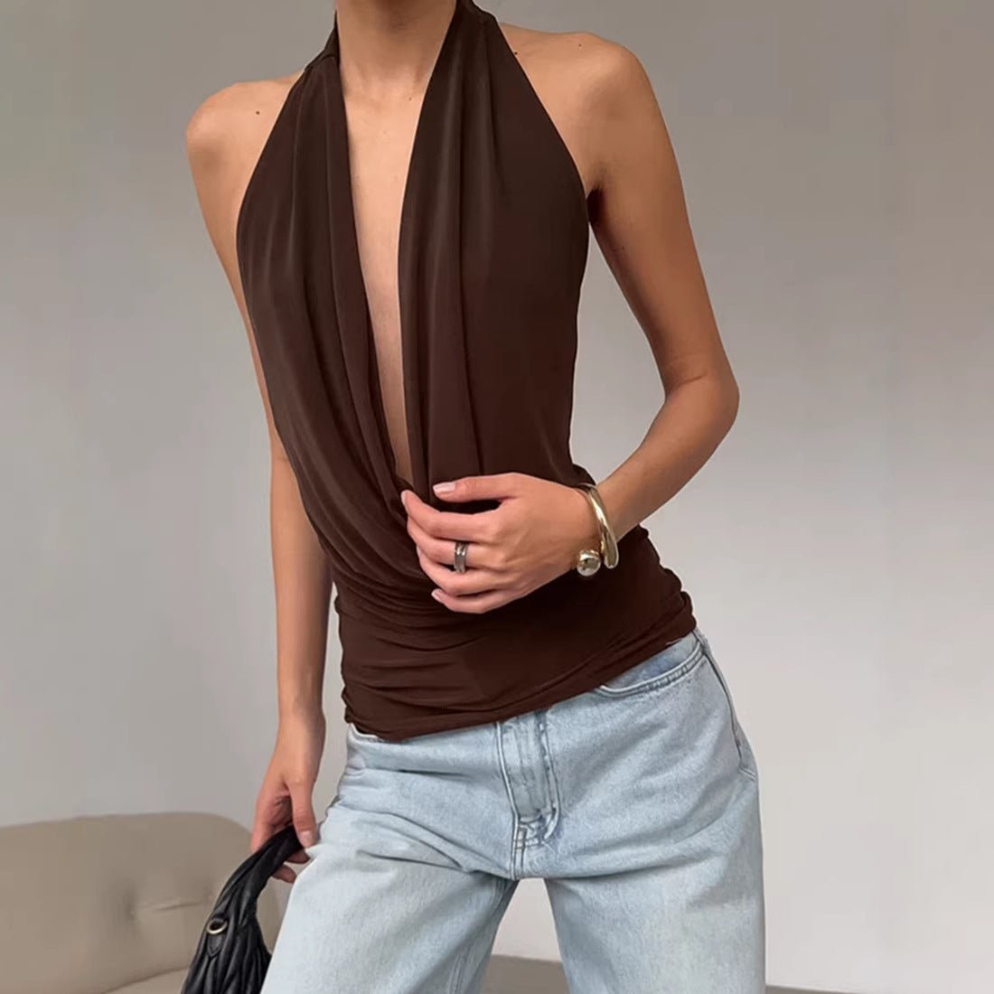 Backless boat-neck knitted top for women by FitiqueFit, showcasing a stylish casualwear design with a relaxed fit.
