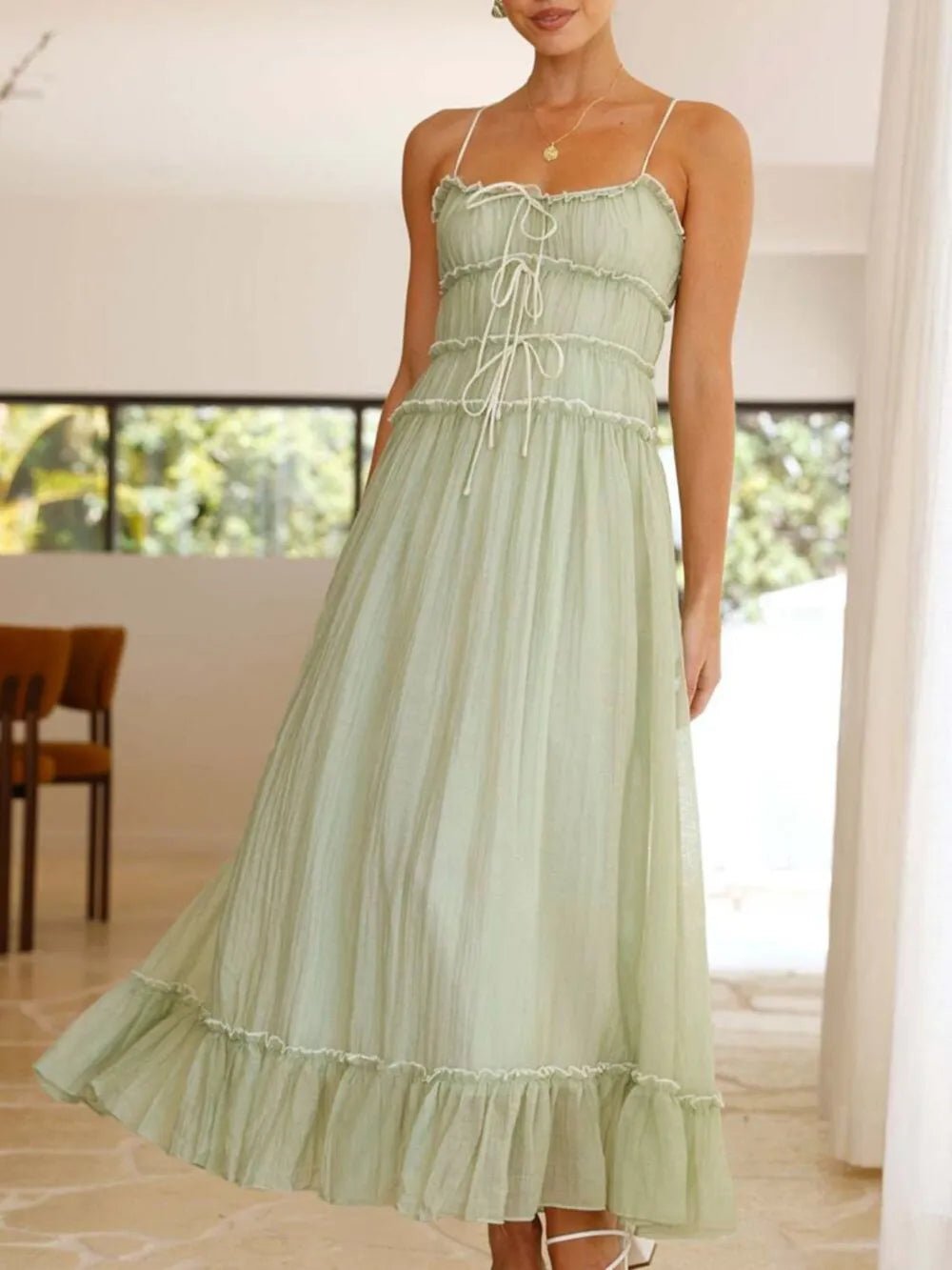 Plush Fashion Hub women's midi cami dress with ruffled hem and frill details, perfect for casual or summer occasions.