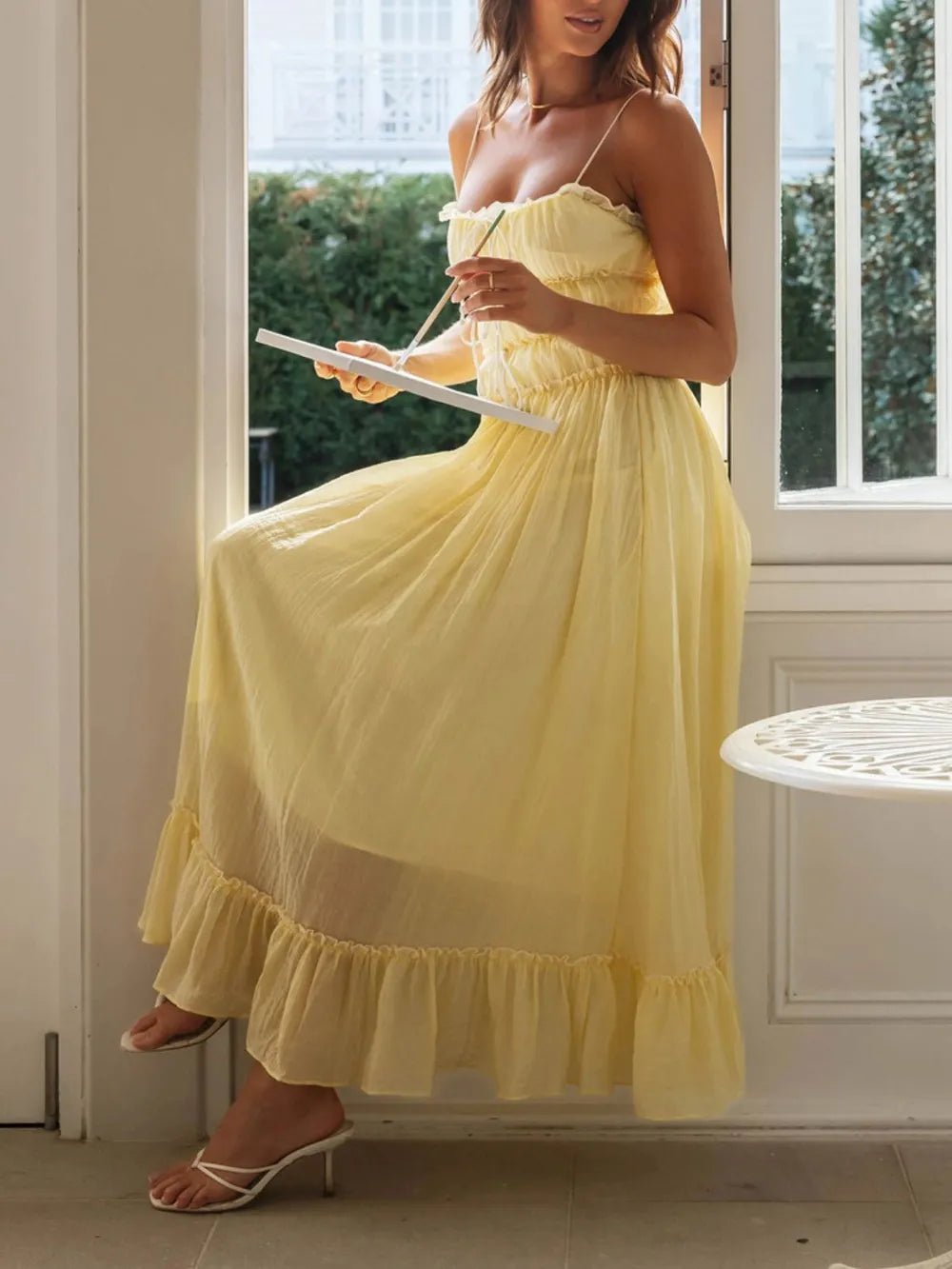 Divine Frill Ruffled Hem Midi Cami Dress for Women by Plush Fashion Hub, featuring a flowy, ruffled hem and sleeveless design.