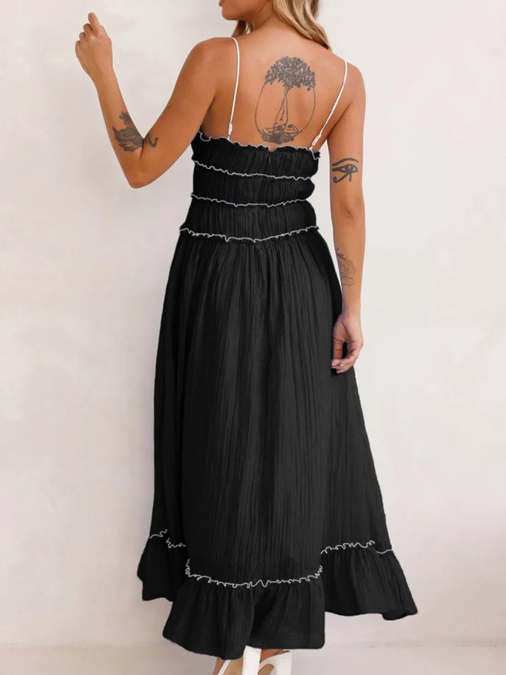 Plush Fashion Hub women's midi cami dress with ruffled hem and frill details, perfect for casual or summer wear.