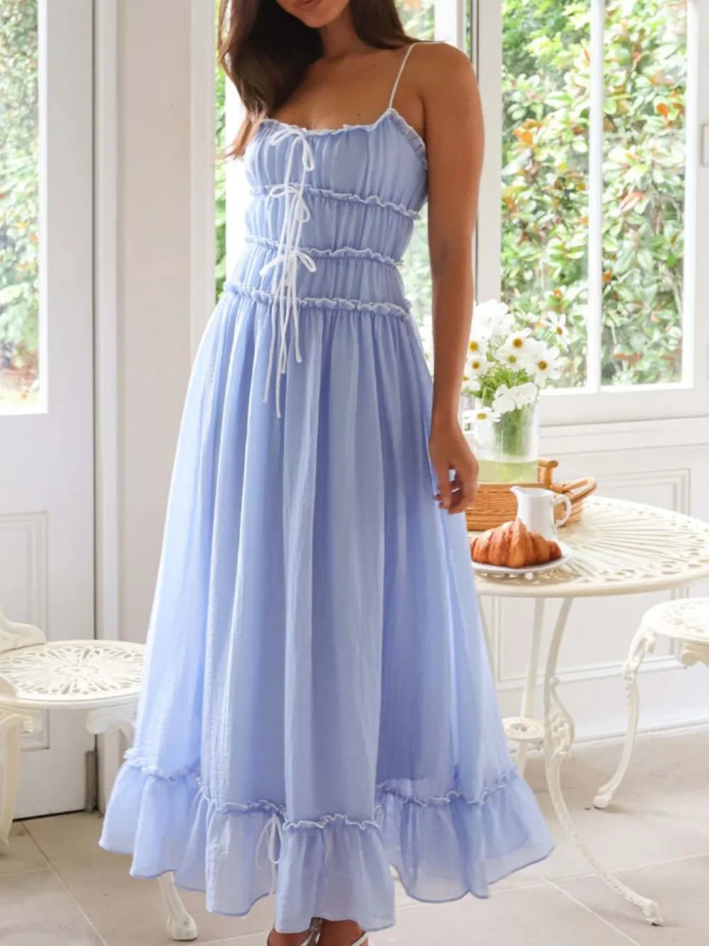 Plush Fashion Hub women's midi cami dress with ruffled hem and frill detail, perfect for casual or summer wear.