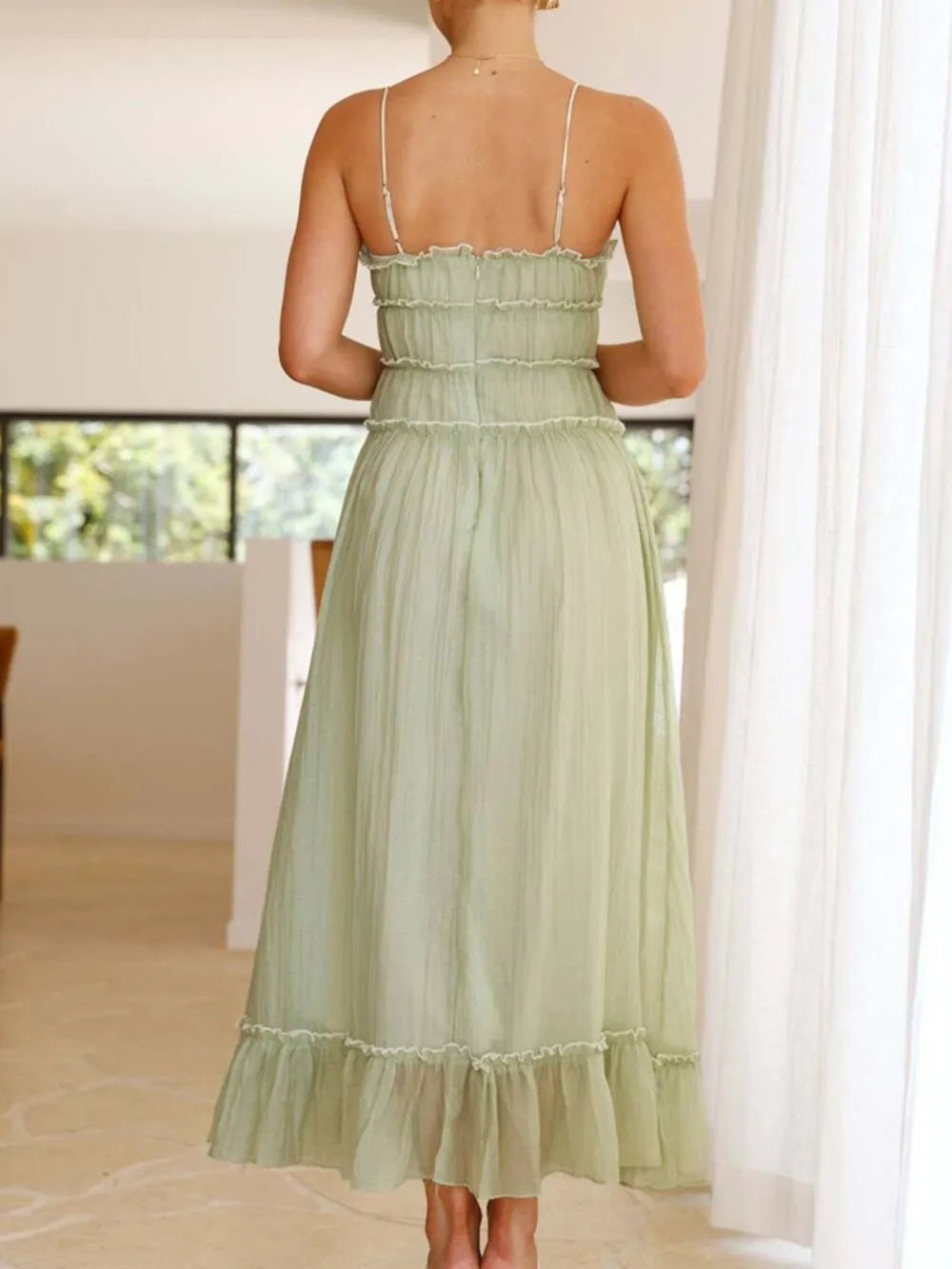 Plush Fashion Hub women's midi cami dress with ruffled hem and frill details, perfect for stylish summer wear.