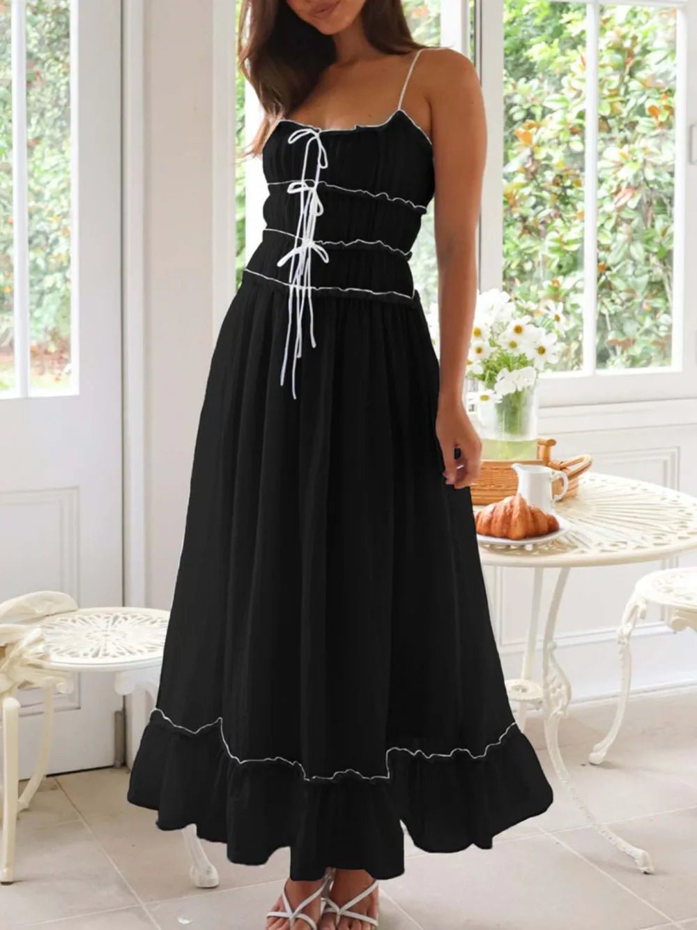 Plush Fashion Hub women's midi cami dress with ruffled hem and frill details, perfect for stylish summer wear.