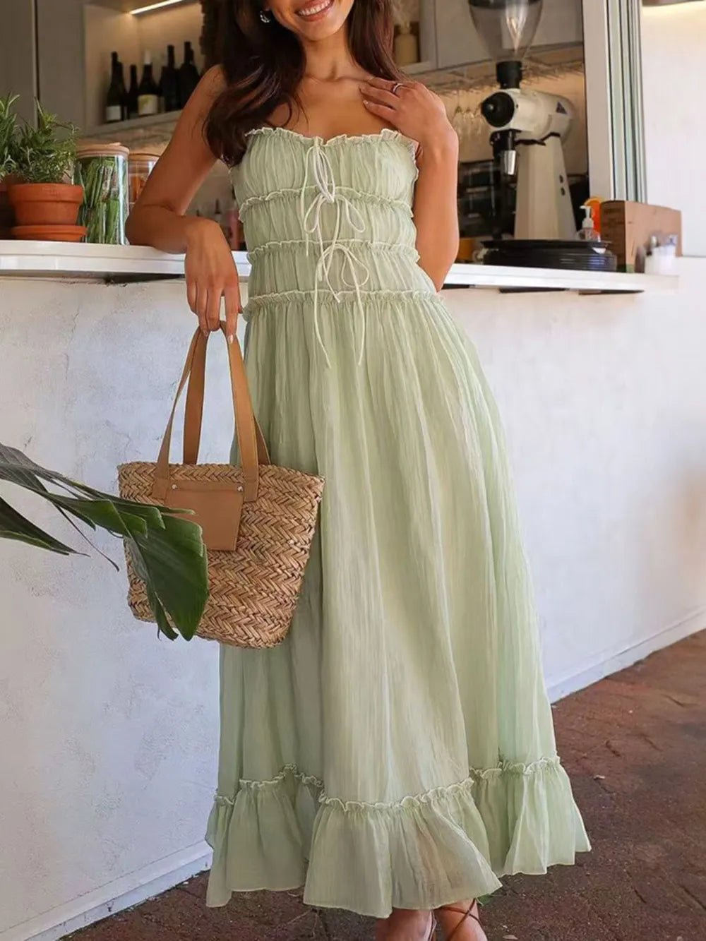 Plush Fashion Hub women's midi cami dress with ruffled hem and frill details, perfect for casual or summer wear.