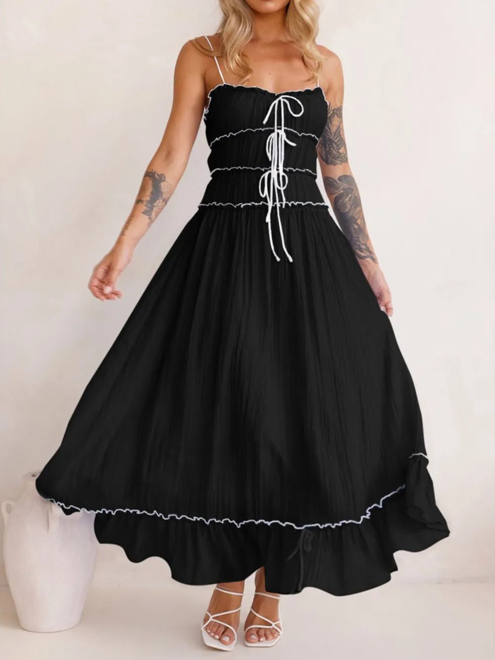 Plush Fashion Hub women's midi cami dress with ruffled hem and frill details, perfect for casual or summer wear.