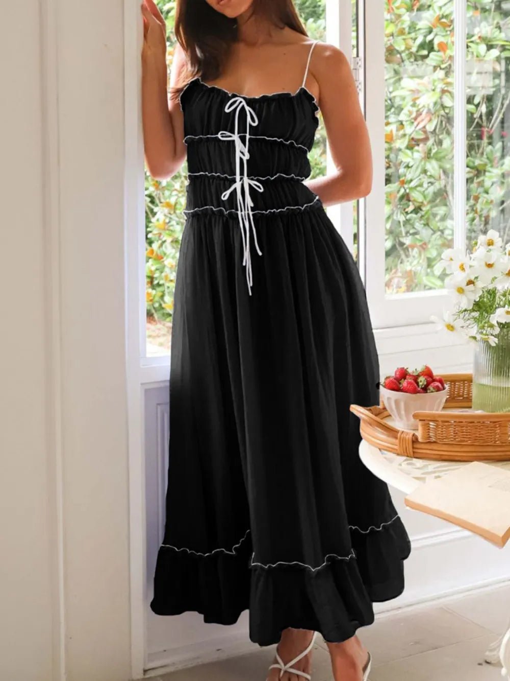 Plush Fashion Hub women's midi cami dress with ruffled hem and frill details, perfect for stylish summer or casual wear.