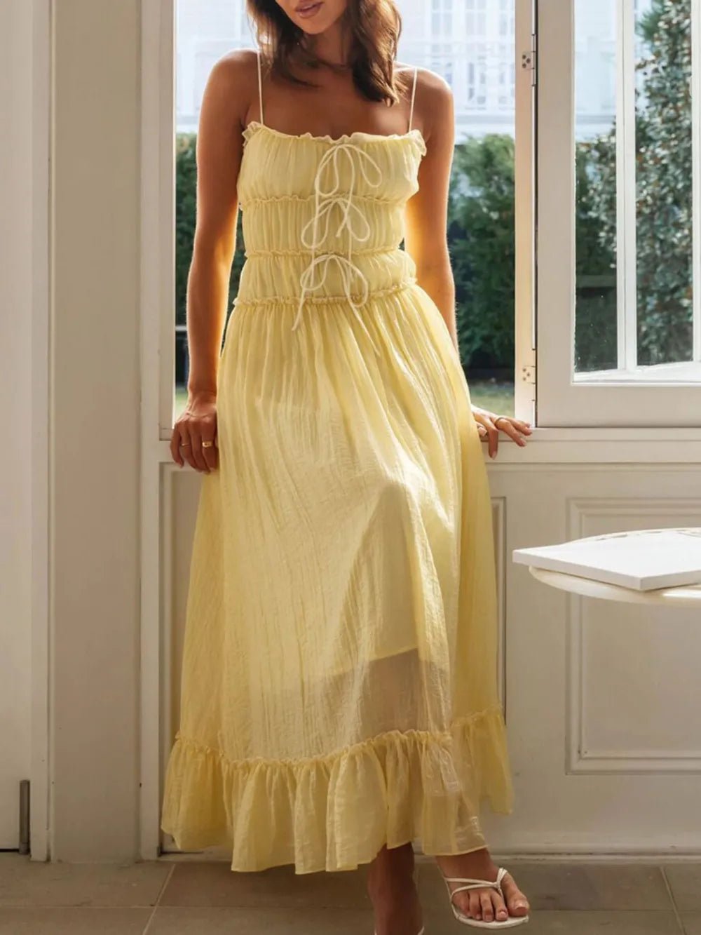 Plush Fashion Hub divine frill ruffled hem midi cami dress for women, showcasing lightweight fabric and stylish ruffle details