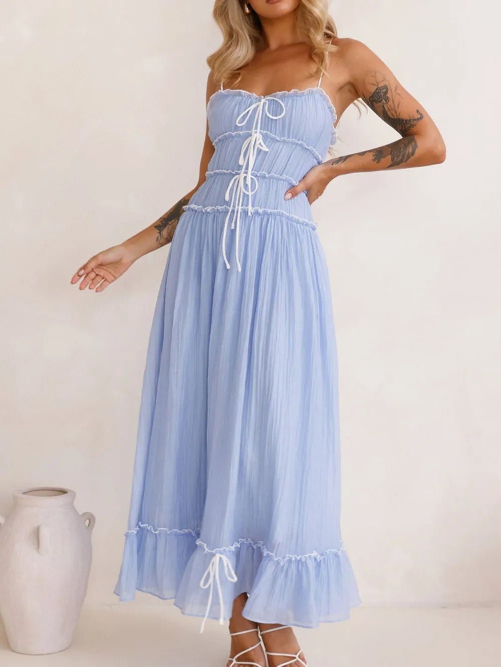 Plush Fashion Hub women's midi cami dress with ruffled hem and frill details, perfect for stylish summer wear.