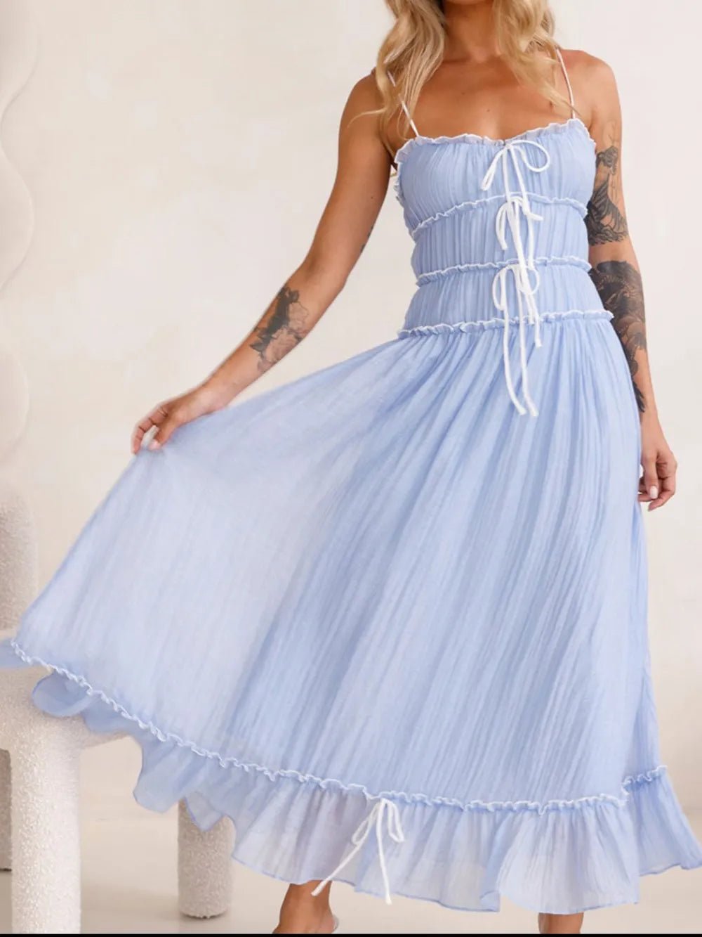 Plush Fashion Hub women's midi cami dress with ruffled hem and frill details, perfect for stylish summer or casual occasions.