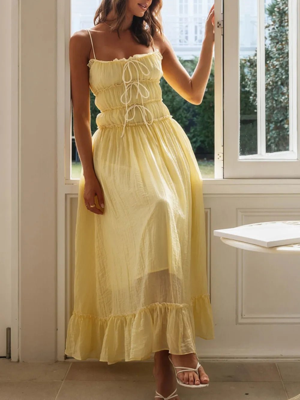 Plush Fashion Hub women's midi cami dress with ruffled hem and frill details, perfect for casual or summer wear.