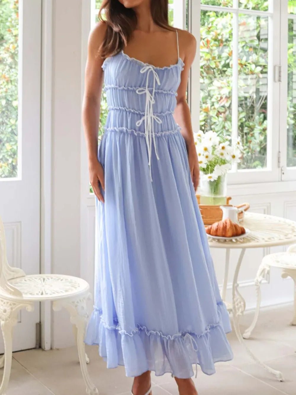 Plush Fashion Hub women's midi cami dress with ruffled hem and frill details, perfect for stylish summer wear.