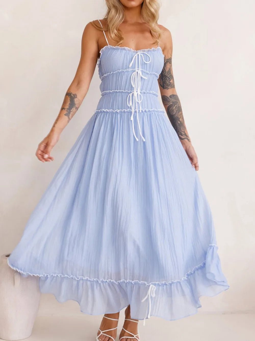 Plush Fashion Hub divine frill ruffled hem midi cami dress for women, featuring a flowy design and stylish ruffle details.