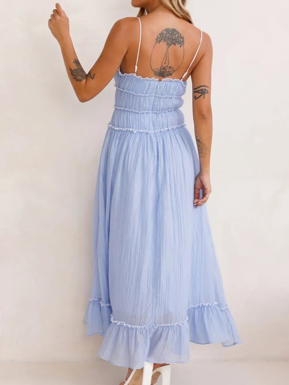 Plush Fashion Hub women's midi cami dress with ruffled hem and frill details, perfect for stylish summer occasions.
