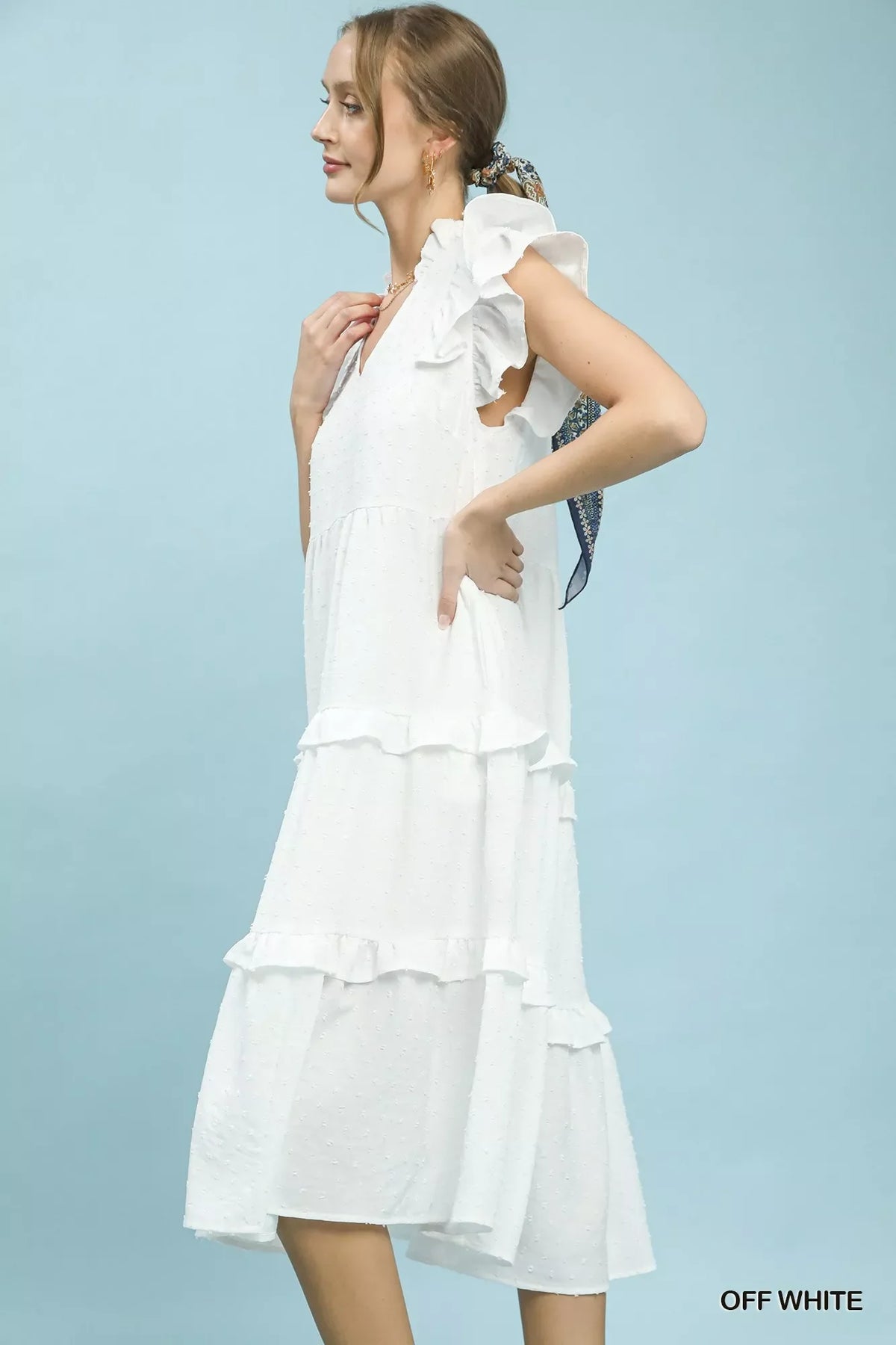 Umgee textured ruffle sleeve tiered midi dress, stylish women's dress with layered fabric and ruffle details, by Plush Fashion Hub