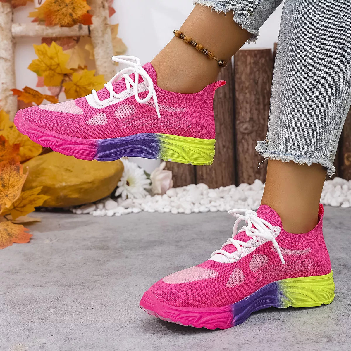 Plush Fashion Hub lace-up sneakers with round toe design, casual athletic footwear for everyday wear.