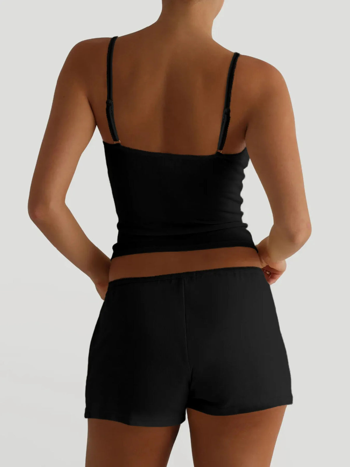 Soft plush V-neck active wear cami and shorts set from Plush Fashion Hub, ideal for comfortable exercise or leisure.