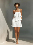 Women's multi-layer ruffle camisole and shorts set in casualwear style, featuring ruffled details and comfortable fit.