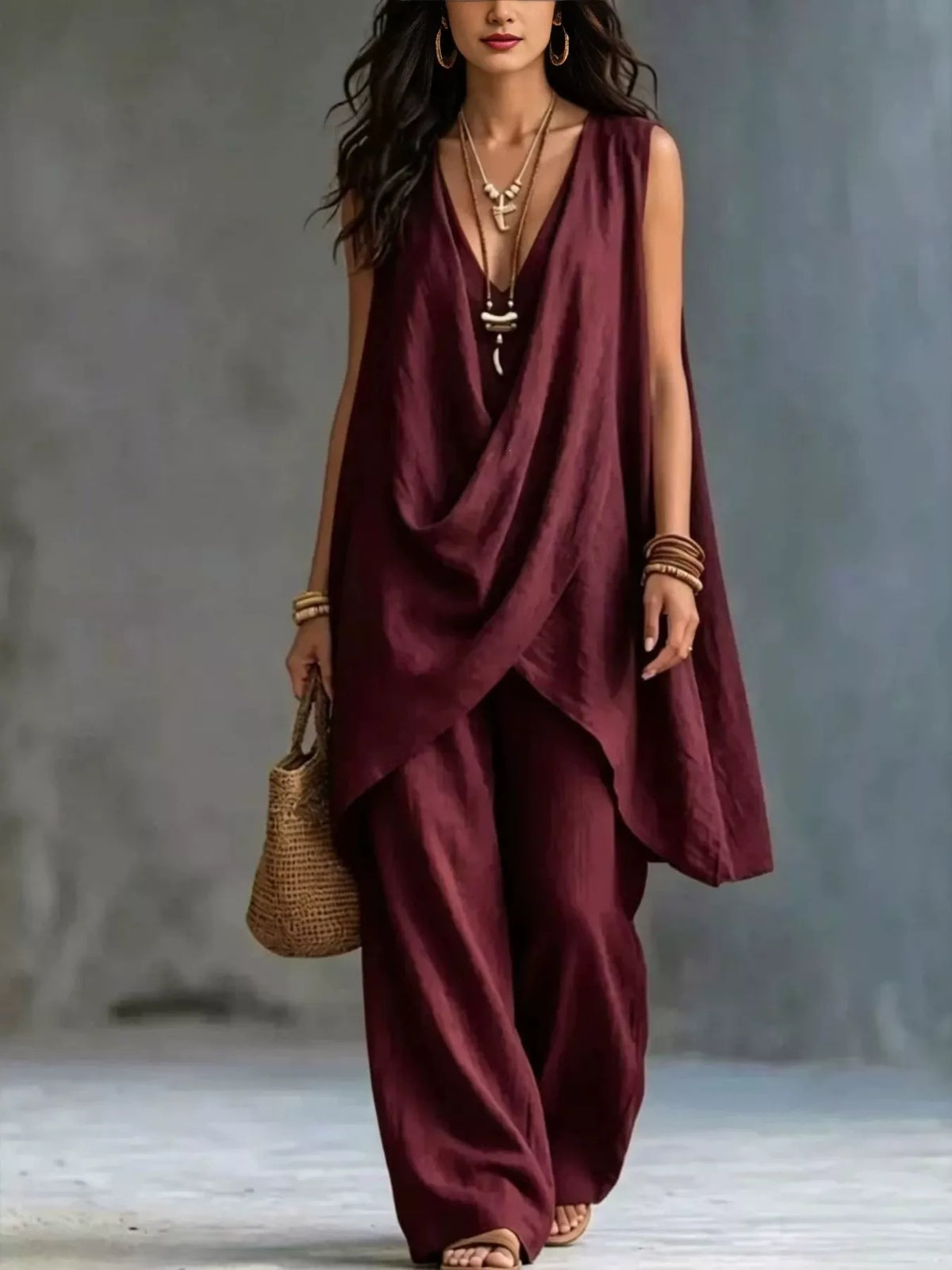 Plush Fashion Hub sleeveless asymmetrical top with wide-leg pants set, featuring a stylish and modern fashion look.