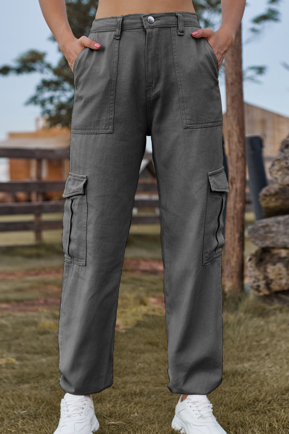 Long denim jeans with pockets from Plush Fashion Hub, showcasing classic blue denim fabric and functional front and back pockets.