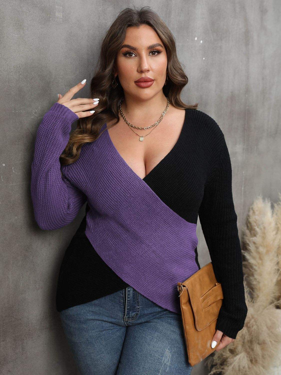 Plus Size Two-Tone Surplice Neck SweaterElevate your wardrobe with our Plus Size Two-Tone Surplice Neck Sweater! This sweater features a basic style with a touch of stretch for a comfortable fit. Made of 1SweaterTrendsiPlush Fashion Shop