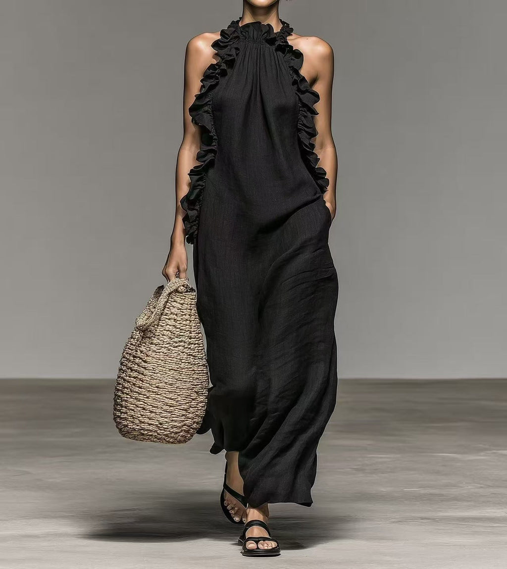 Flowy FitiqueFit halter neck sleeveless dress with ruffles, loose fit, and pockets, perfect casualwear for relaxed summer style.