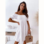 Casual FitiqueFit one-word collar puff sleeve mid dress with wrinkle-resistant fabric, perfect for relaxed everyday wear.