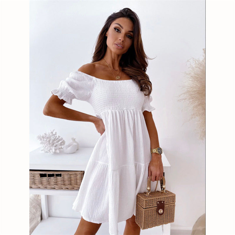 Casual FitiqueFit one-word collar puff sleeve mid dress with wrinkle-resistant fabric, perfect for relaxed everyday wear.