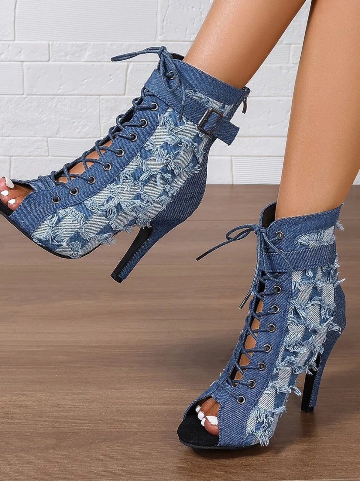 Distressed denim lace-up peep toe ankle boots with high heels from Plush Fashion Hub, stylish and trendy shoe design.