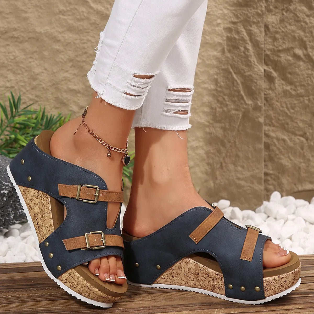 Women’s PU leather wedge sandals with double buckles and platform heel, featuring comfortable design and stylish look.