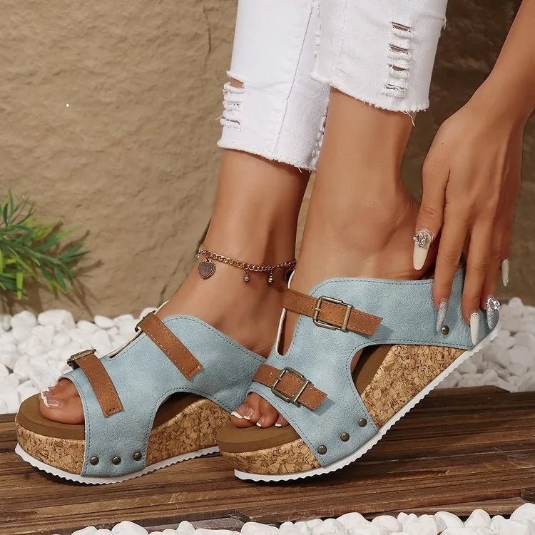Women PU leather double buckle platform wedge sandals with comfortable heels, stylish and supportive for casual wear.