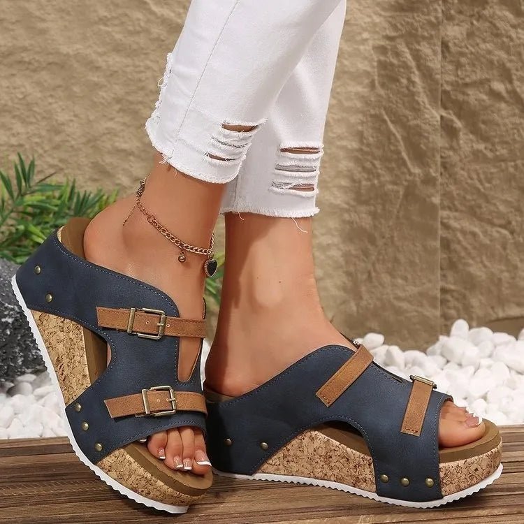 Women’s plush fashion hub PU leather double buckle platform wedge sandals with comfortable heel design.