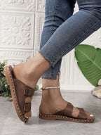 Women's double buckle flat sandals with adjustable straps, trendy comfort shoes for casual walking by Trendsi.