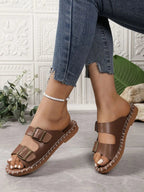 Women's flat sandals with double buckle straps and adjustable straps, casual comfort walking shoes by Trendsi.