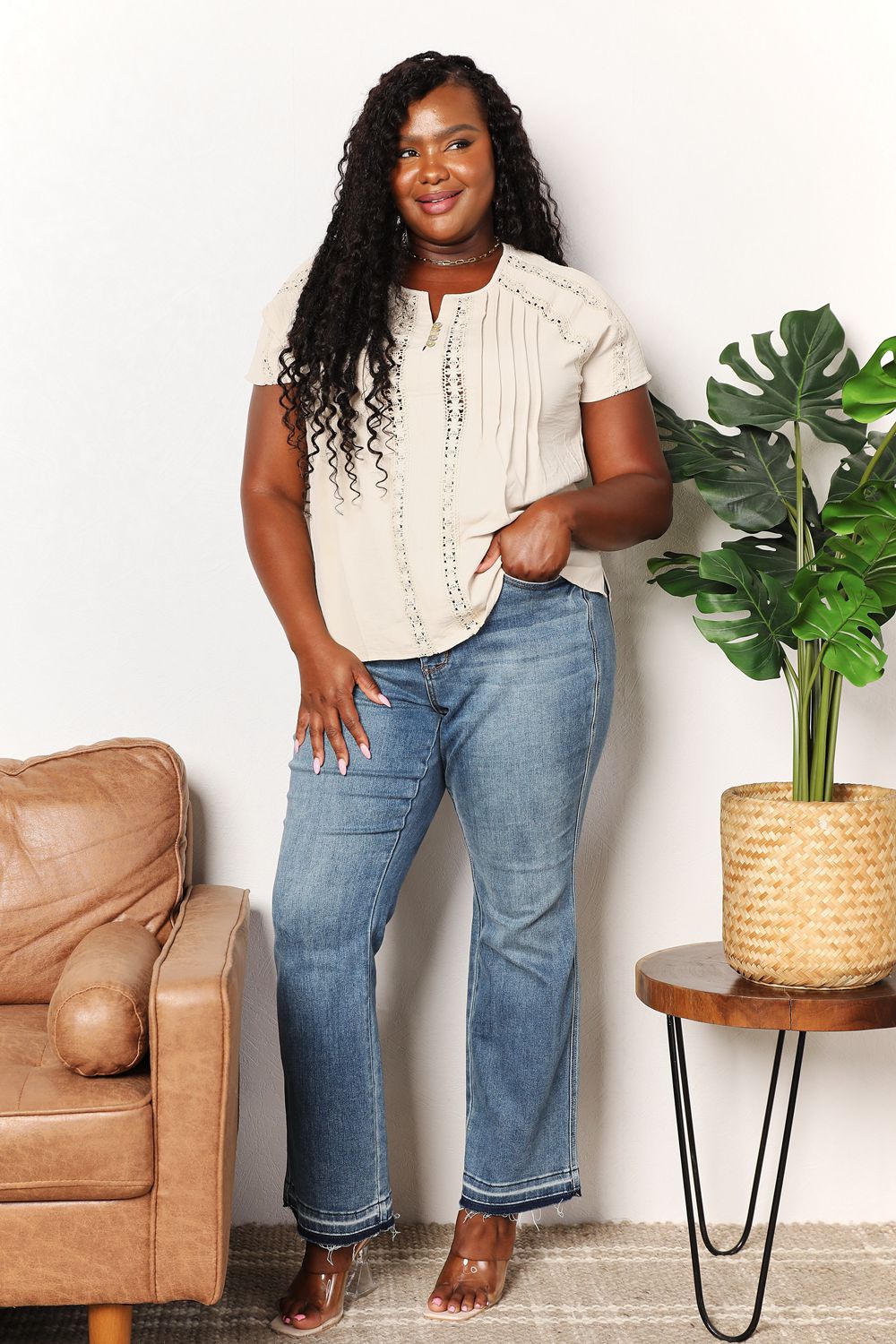Women's short sleeve crochet button-down top from Trendsi, boho chic summer blouse with a relaxed fit and stylish crochet details.