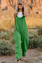 Women's V-neck sleeveless jumpsuit with pockets, lightweight casual romper, stylish and comfortable for warm weather.