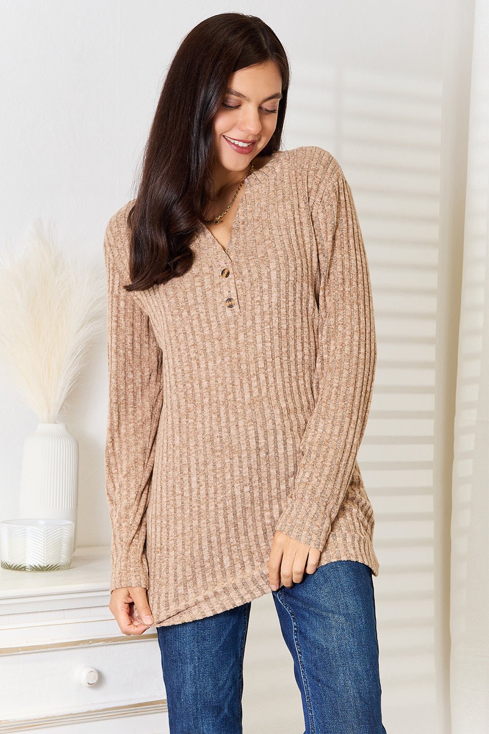 Women's ribbed long sleeve casual top with notched neckline by Plush Fashion Hub, slim fit and stylish for everyday wear.