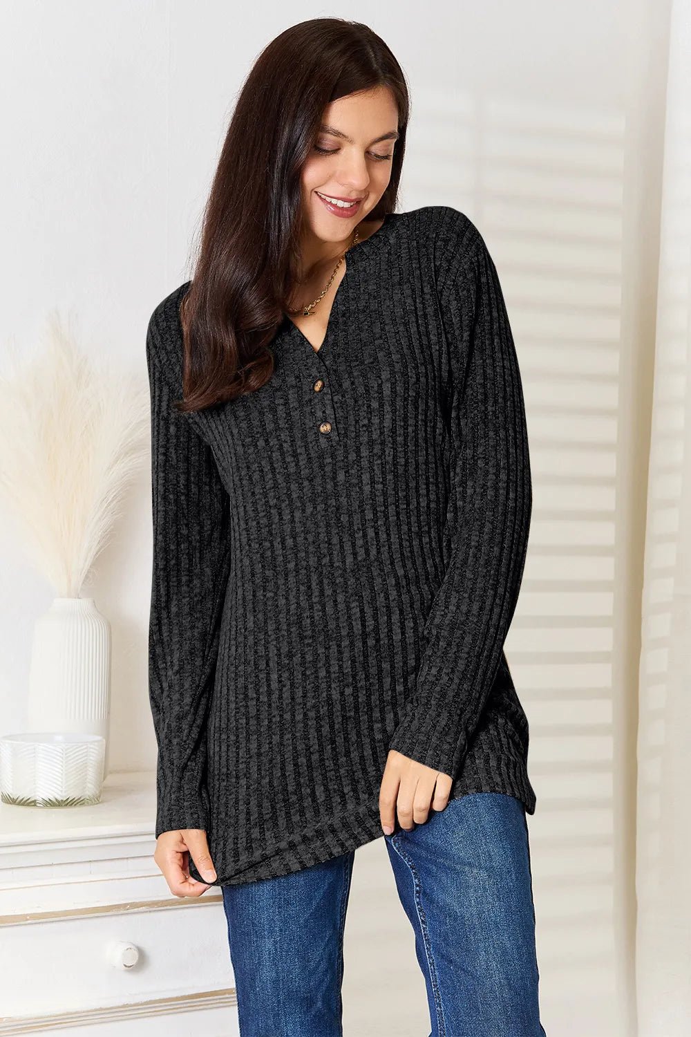 Women’s ribbed long sleeve casual top with notched neck by Plush Fashion Hub, slim fit and stylish for everyday wear.