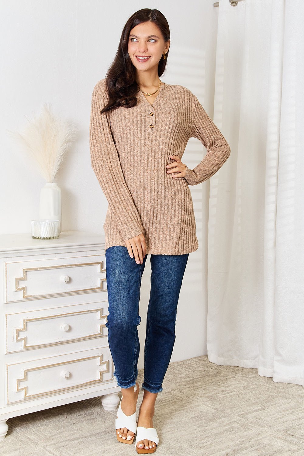 Women's ribbed long sleeve notched neck slim fit casual top by Plush Fashion Hub, shown in a close-up of the stylish neckline and fabric.
