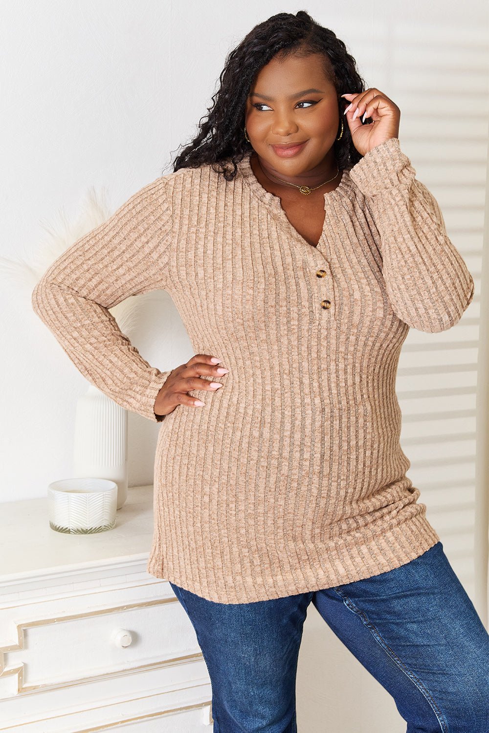 Women's ribbed long sleeve notched neck casual top by Plush Fashion Hub, slim fit, stylish and comfortable for everyday wear.