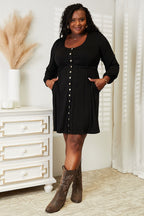 Women's long sleeve empire waist dress with scoop neck and pockets, stylish midi dress from Trendsi, featuring a flattering fit.